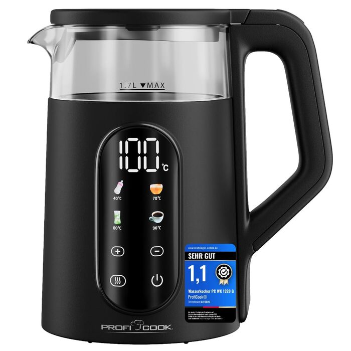 Скляний електрочайник ProfiCook PC WK 1328 G з регулюванням температури 40-100°C, 1.7л, 2200Вт, функція підігріву та швидкого старту