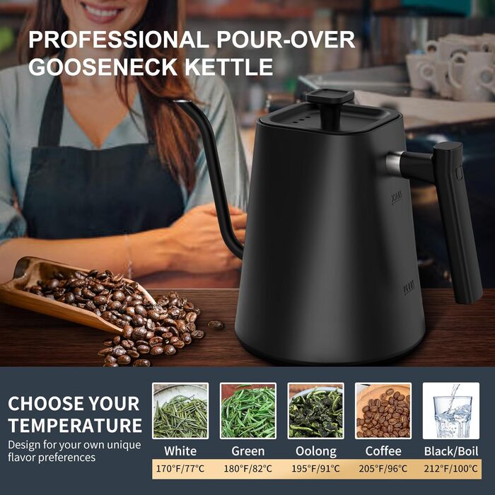 Електричний чайник-заварник зі сталевим гусячим носиком, 1л, 1200Вт, з регулюванням температури та функцією підігріву 24 години, чорний