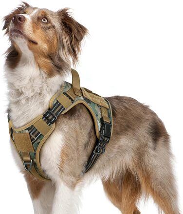 Нагрудник для собак Rabbitgoo середнього розміру, анти-тяга, регульований, з ручками, міцний, тактичний, з металевими пряжками, камуфляжний, коричневий (M, 1 шт.)
