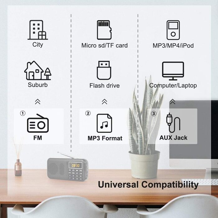 PRUNUS J-725 FM/UKW радіо: цифрове, з акумулятором 3000mAh, портативне, з USB/SD/TF/AUX, радіо-годинник, з аварійним освітленням (чорний)