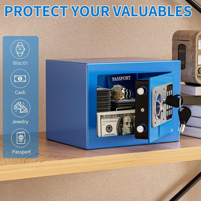 KABISAFE Сейф цифровий 6,8 л, маленький сейф для дому, електронна касета безпеки, настінний сейф для домашнього офісу з 2 ключами, міні-сейф 23 x 17 x 17 см, блакитний