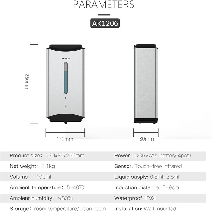 AIKE Automatic Stainless Steel Soap Dispenser - 1100ml Commercial Wall Mounted Soap Dispenser with Window, AK1206 Brushed Stainless Steel