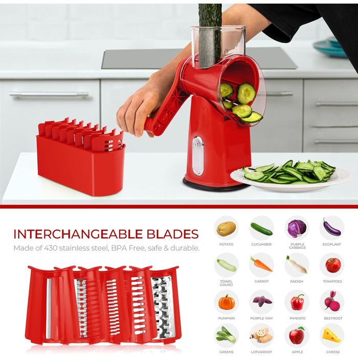 Ручна тертка для овочів Steaseas з ручкою - тертка для сиру, овочів, горіхів з 5 насадок, потужним присоском, контейнером для лез (червона)