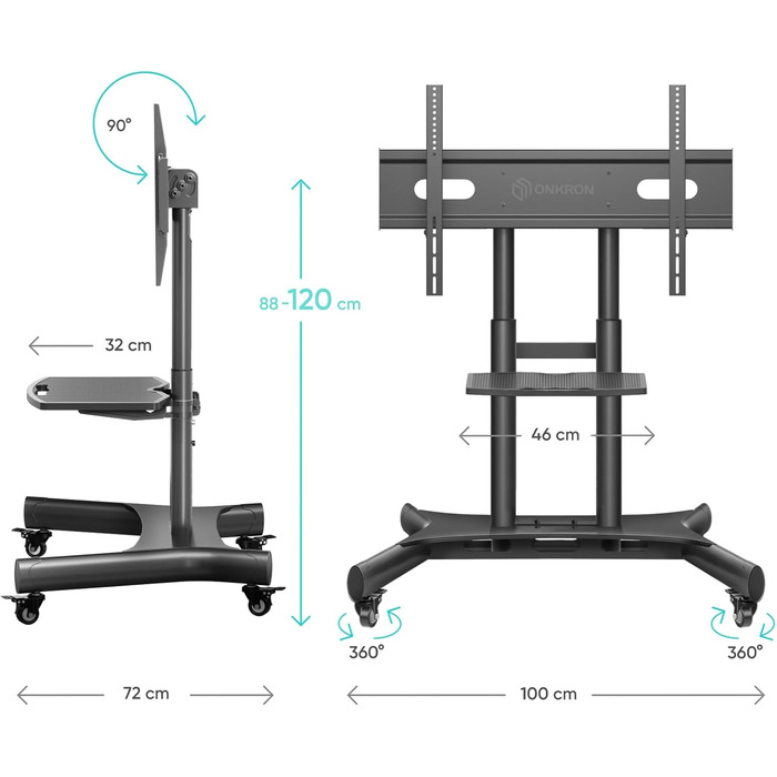 ONKRON Mobile TV Stand with Wheels - Adjustable Height & Tilt for 32-70 inch TVs up to 45kg, VESA 600x400 - Black TS1350-B