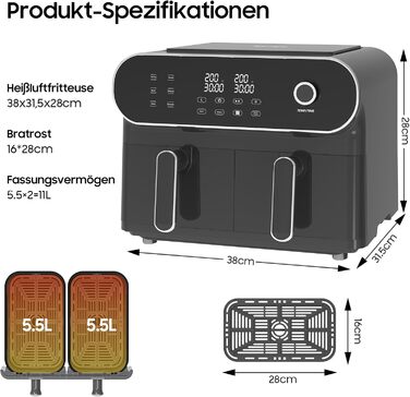 Iceagle Hot Air Fryer 2 Chambers Airfryer 11 L - Hot Air Fryer Double Chamber 1700W, Oil-Free Fryer, Dishwasher-Safe Baskets, Touchscreen, 6-in-1, 4-8 Portions, Black