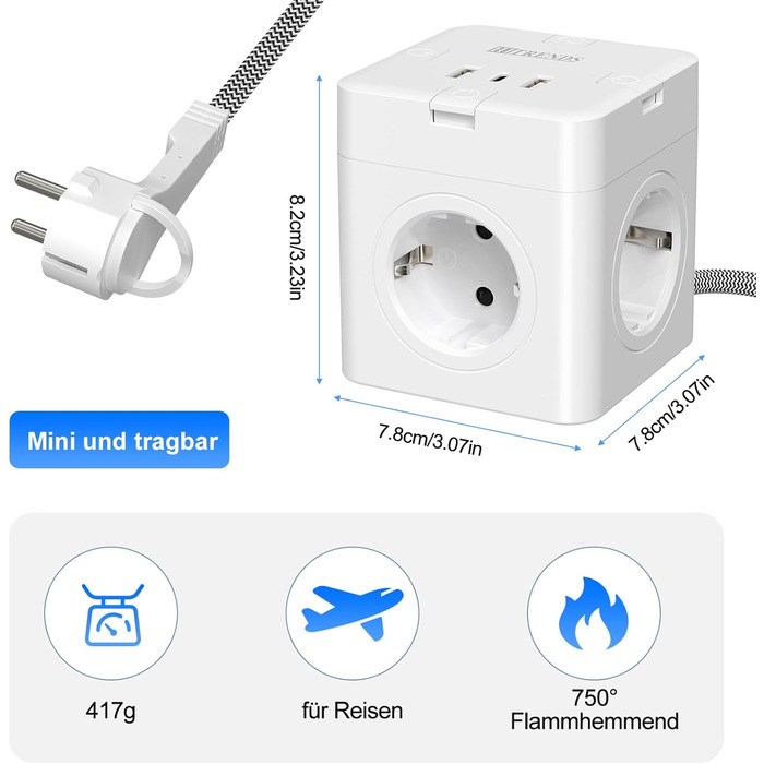Блок розеток з USB-C, 4 розетки, плоский штекер, індивідуальне вмикання, сплетене кабель 2м для офісу, дому, подорожей - білий