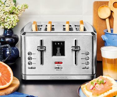 Тостер GASTROBACK 42396 Digital 4-слайсовий, 950 Вт, нерж. сталь, LCD-дисплей, 7 режимів, підставка для булочок, сріблястий