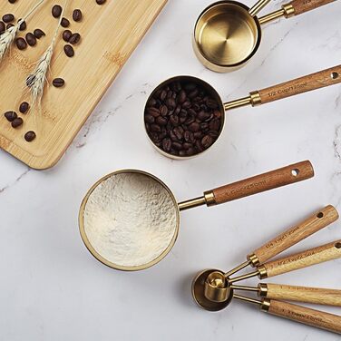 8-Piece Stainless Steel Baking Tool Set, Measuring Cups, Measuring Spoons, Wooden Handle, Kitchen Utensils for Coffee Powder