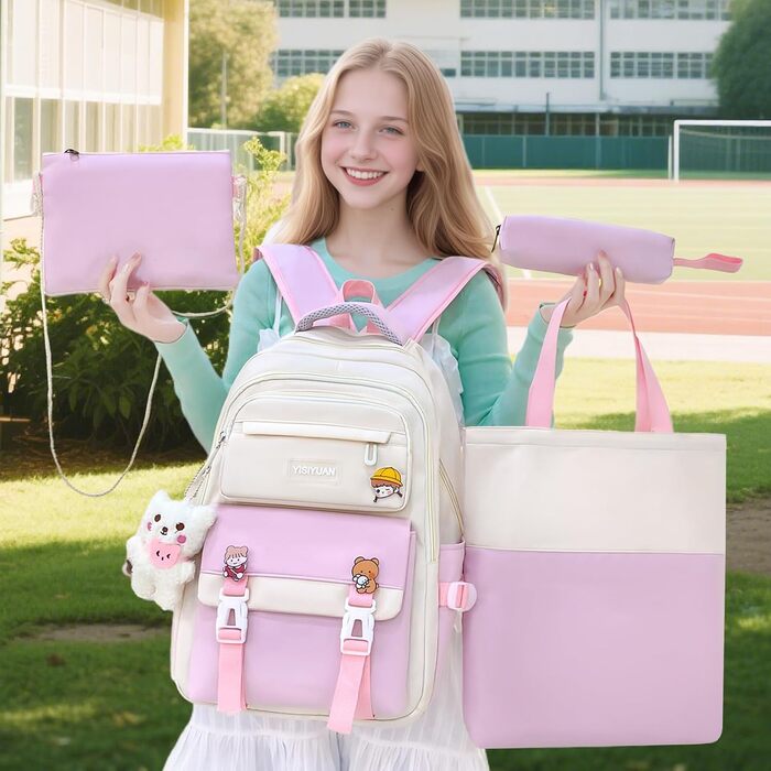 Шкільний рюкзак Tanou для дівчаток 4-х частинний, для 3-7 класів, з пеналом та сумкою через плече (рожевий)