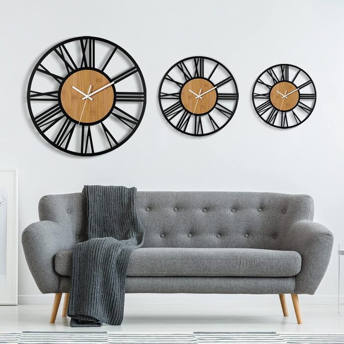 HAITANG Round Wall Clock, Black, 34 cm, for Living Room, Decoration, Vintage Style, Roman Numerals, Silent, Non-Ticking, Wall Clocks for Home, Garden, Office, Cafe Decoration