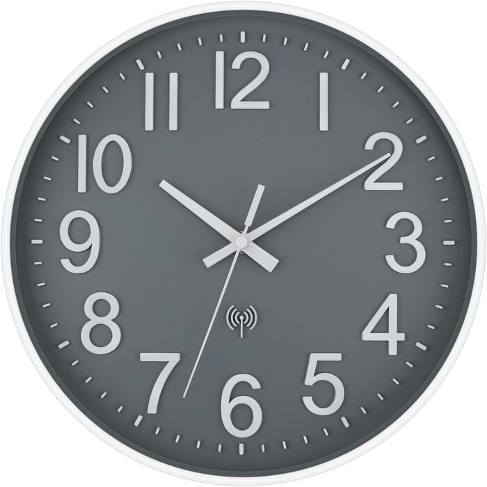 Foxtop Wall Clock Radio-Controlled Wall Clock 30 cm Silent & No Noise Large Dial Analog No Ticking For Kitchen, Living Room, Bathroom DCF Radio Signal Modern Design White-Gray