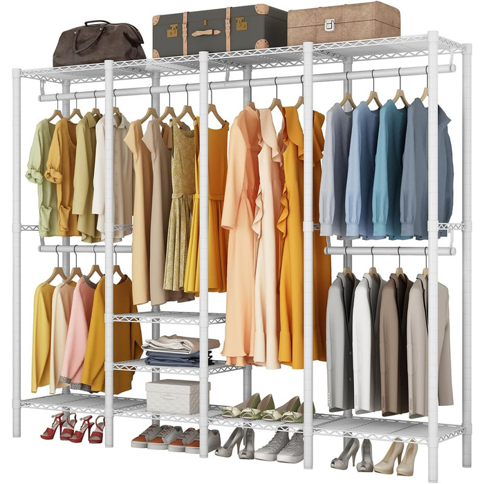 KZOBYD Clothes Rack, Coat Rack with 6 Height-Adjustable Shelves, Clothes Rail with 4 Hanging Compartments, Plenty of Space, for Bedroom, Living Room (White)