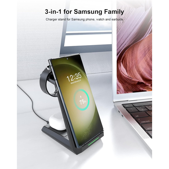 Бездротова зарядка 3-в-1 для Samsung Galaxy: годинники, навушники, смартфони. Сумісна з Galaxy Watch 8/7/6/5/5 Pro/4/3/Active 2, S25, S24, S23, S22 Ultra, S21, Note 20, Buds. Чорний колір.