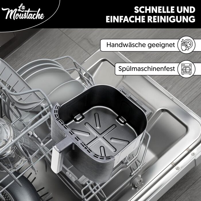 La Moustache Heißluftфритюрниця 7 л, без олії, 1800 Вт, 12 програм, цифрове керування, антипригарне покриття, таймер, книга рецептів, чорна