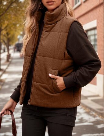 Жіноча тепла жилетка FEOYA на осінь/зиму з коміром-стійкою, без рукавів, коричневого кольору (XL)