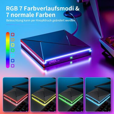 Зовнішній CD/DVD привід USB 3.0 та USB-C, оптичний накопичувач CD/DVD +/-RW ROM Brenner з RGB підсвіткою для ноутбука, ПК, MacBook, Windows та MacOS