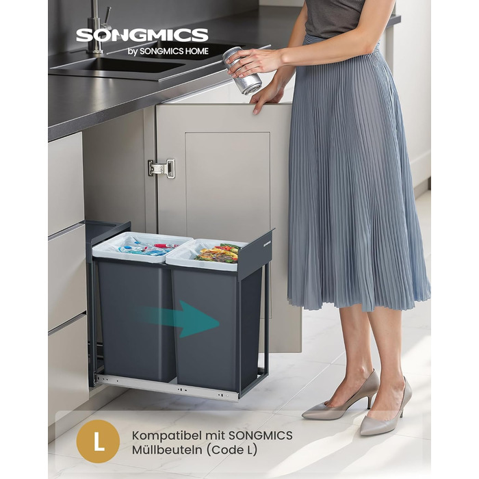 Відро для сміття SONGMICS для кухні з роздільним контейнером, 2 відсіки по 15 л, висувний, сталевий каркас, ABS-кришка (сірий)