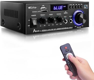 AK45 Pro HiFi підсилювач WOOPKER Mini, 500Вт, 2-канальний, Bluetooth, HiFi стерео з FM-радіо, USB, SD, RCA, MIC, аудіо ресивер для дому та авто