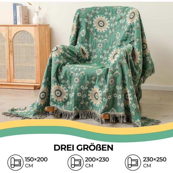 HOORDRY Reversible Boho Daybed Cover with Tassels, 230x250CM, 100% Cotton Woven Throw Blanket, Couch Throw, Living Room Throw, Reversible Throw, Cozy Blanket, Sofa Blanket, Armchair Blanket with Pattern, Sunflowers, Green/Beige Sunflower 230×250CM