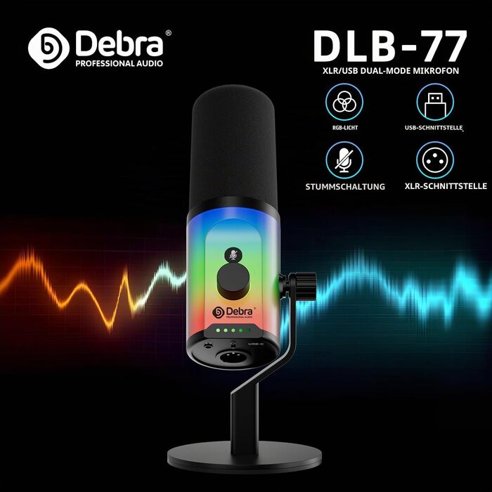Динамічний USB-C/XLR мікрофон D Debra для студії, подкастів та стрімінгу, кардіоїдний, 192кГц/24Біт, з сенсорною кнопкою Mute, регулятором Gain та роз'ємом для навушників, для ПК та смартфона