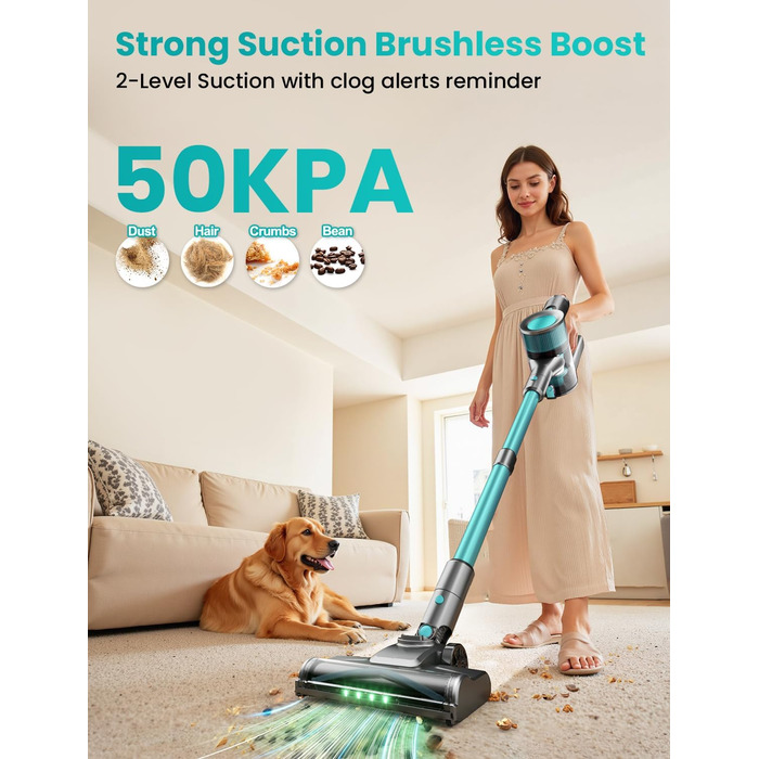 Бездротовий пилосос Dzaki 45000Pa з дисплеєм, антизаплутувальною насадкою та тривалою роботою для твердих поверхонь, килимів та шерсті тварин (блакитний)