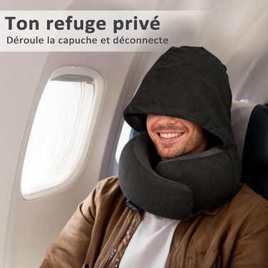 Подушка для шиї з капюшоном та Memory Foam – Подушка-білочка для подорожей – Ергономічна подушка для літака, з захистом від світла, пральна, з сумкою – Чорний