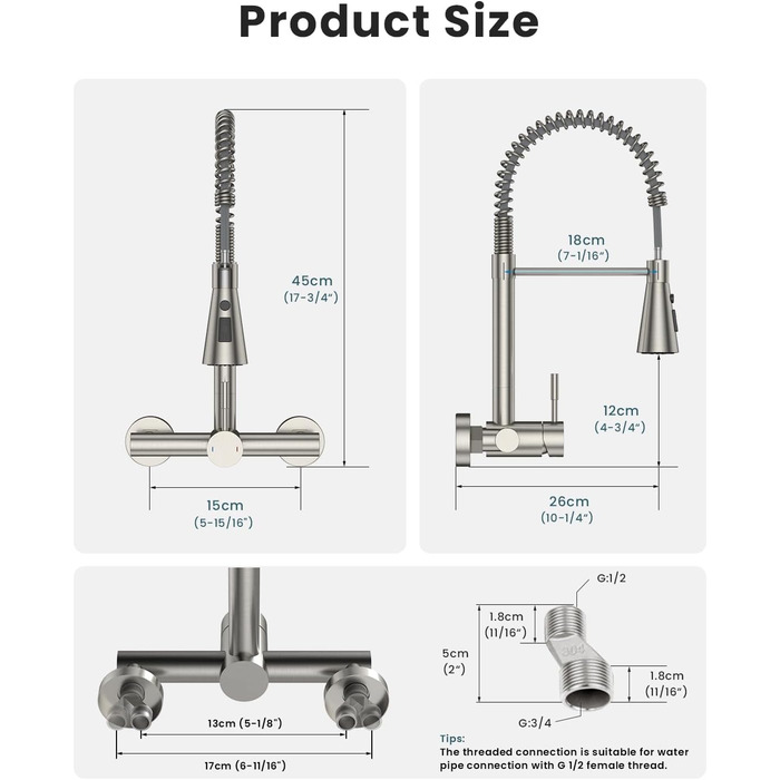 Змішувач кухонний настінний DAYONE з висувною лійкою, нержавіюча сталь, 3 режими, 360° обертання, відстань між отворами 15 см, матовий
