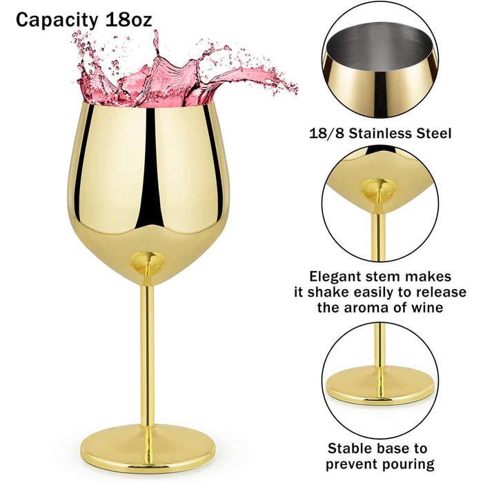 Набір келихів для вина Livole, 550 мл (18oz), нержавіюча сталь, келихи для шампанського, коктейлі, 4 шт.