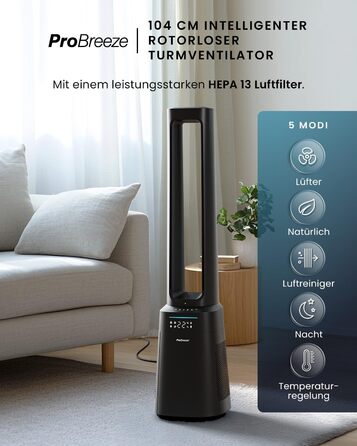 Вентилятор Pro Breeze OmniAir з очищувачем повітря, 105 см, осциляція 75°, пульт ДУ, HEPA 13 фільтр, LED дисплей, 10 швидкостей, тихий, 5 режимів, Smart App, чорний