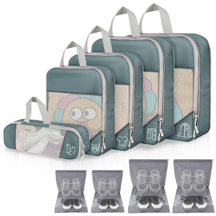 Органайзер для валізи, набір Packing Cubes (9 шт.) з компресією та чохлом для взуття, сірий. Водонепроникні та дихаючі кишені для подорожей та переїзду.