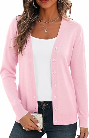 Жіноча легка в'язана жилетка з довгим рукавом, в'язаний пуловер з V-подібним вирізом, вінтажна класична жилетка на ґудзиках (S, Рожевий)