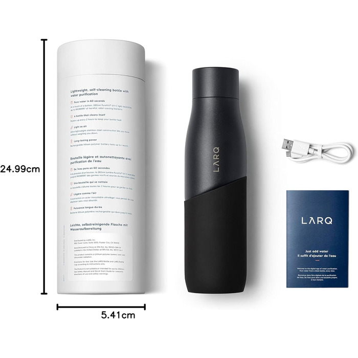 LARQ Movement PureVis 950ml – UV Self-Cleaning Stainless Steel Bottle with Silicone Sleeve | Lightweight, Impact-Resistant, Keeps Water Cool | Fitness, Running & Outdoor Activities, Black/Onyx
