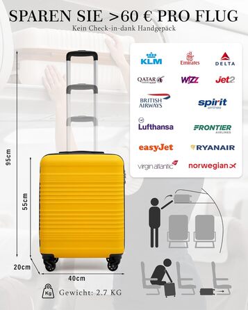 Набір валіз COOLIFE для ручної поклажі (55x35x20cm + 40x25x20cm) з TSA замком, 4 колеса, ABS, жовто-чорний колір