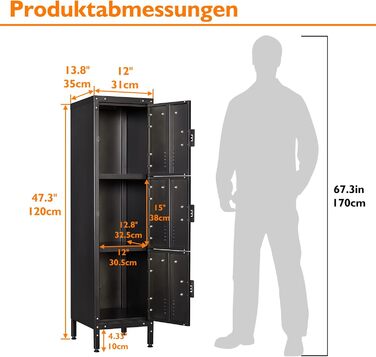 Metal locker with lockable doors, industrial steel cabinet for school, home, office, garage, H140*W38*D46 cm (3 doors)