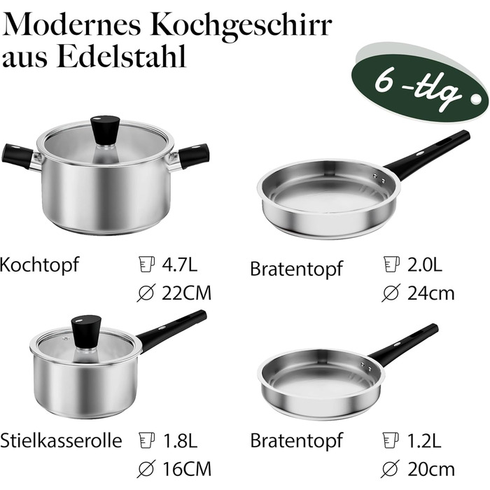 Набір каструль 6-ти частинний з нержавіючої сталі для індукційних плит, Cookware Set, без антипригарного покриття, сумісний з усіма типами плит, з кришкою та захистом від опіків, придатний для миття в посудомийній машині