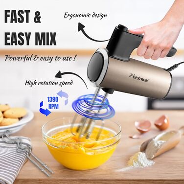 Міксер ручний Bestron Power з 6 швидкостями, Turbo-функцією та LCD-дисплеєм. В комплекті: 2 вінчики та 2 гаки для тіста. Легкий (1 кг), колір: бежевий