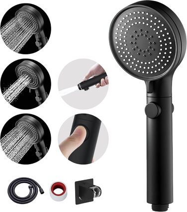 MIAOHUI Black Shower Head Water Pressure Booster, Handheld Shower with 3 Spray Patterns, Water-Saving High-Pressure Shower Head with Water Stop Function, Shower with Hose and Teflon Tape