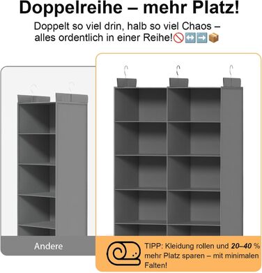 Настінна вішалка-органайзер для одягу, 6 ярусів, сіра. З металевими гачками, для зберігання в шафі, спальні, гуртожитку. Економія місця.