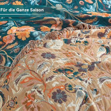 Богемна ковдра Boho 150x200 см з 100% бавовни, двостороння муслінова ковдра, плед для дивану та ліжка, patchwork, літня ковдра для вітальні, зелено-бежева (230x250 см, квіти та птахи)