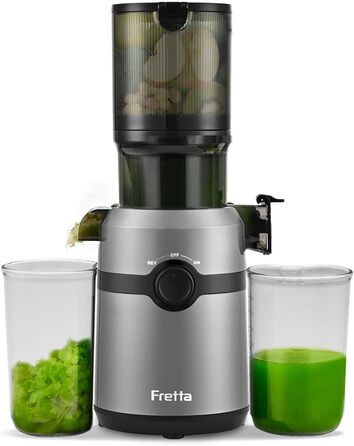 Fretta Slow Juicer with 108mm Opening & 1L Capacity, Juicer for Vegetables and Fruits - Test Winner, 200W Electric Juice Press with Cold Press, Easy Cleaning and Quiet Motor, BPA-free (Gray, 1L) 1L Gray