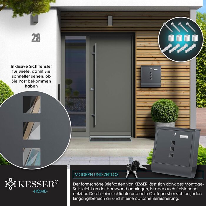 Поштова скринька KESSER® з газетницею та іменним табличкою, нержавіюча сталь, антрацит. Замок на 3 ключі, з віконцем, порошкове покриття, настінний монтаж