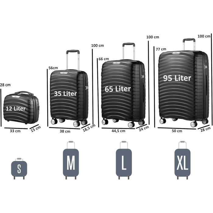 Набір валіз Zelsius 4 шт., чорний | Чотири валізи з жорстким корпусом, TSA замком, подвійними колесами та внутрішнім роздільником | Валізи ручної поклажі, набір валіз з жорстким корпусом 4 шт., велика валіза, дорожній набір