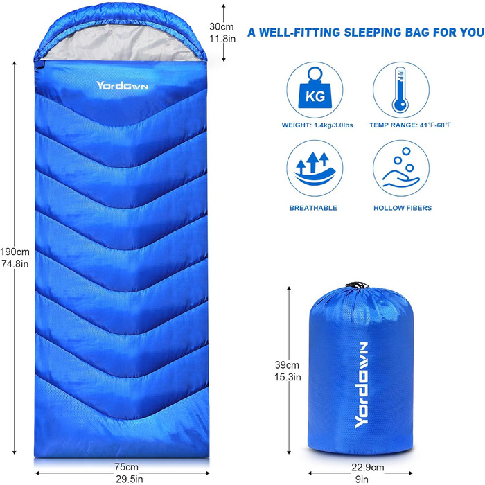 Yordawn Sleeping Bag - Outdoor Camping & Travel - Adult & Kids - 3-4 Season, Ultralight, Waterproof, Blue