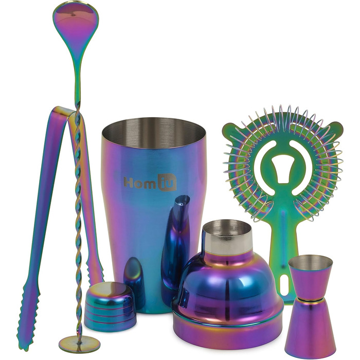 Homiu Stainless Steel Cocktail Shaker Set (550ml) with Rainbow Design, shimmering stainless steel, 5-piece: strainer, 2 jiggers (15/30ml)