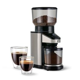 Електрична кавомолка Tchibo з вбудованими вагами, з нержавіючої сталі, конічні жорна, 26 ступенів помолу, чорно-срібна