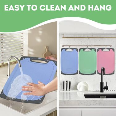 Набір з 3 дерев'яних обробних дощок з пластику, великі, кухонні, з антибактеріальним покриттям, з жолобом для соку та пресом для часнику, червоного, жовтого, зеленого кольорів