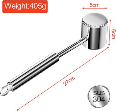 Металевий молоток для відбивання м'яса з нержавіючої сталі 304, 27 см, для відбивання шніцелів, стейків, яловичини, молоток для м'яса, двосторонній, срібний, для миття в посудомийній машині