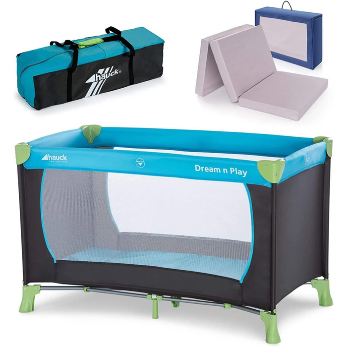 hauck Baby Travel Cot Set Dream n Play with Mattress - foldable baby travel cot with bag - Blue Waterblue