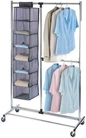 WENKO Clothes Rack, Folding, Clothes Storage with Adjustable Clothes Rail and Wheels, Plastic/Metal, 88 x 100-168 x 11-49 cm, Chrome/Grey (188 x 49 x 116 cm)