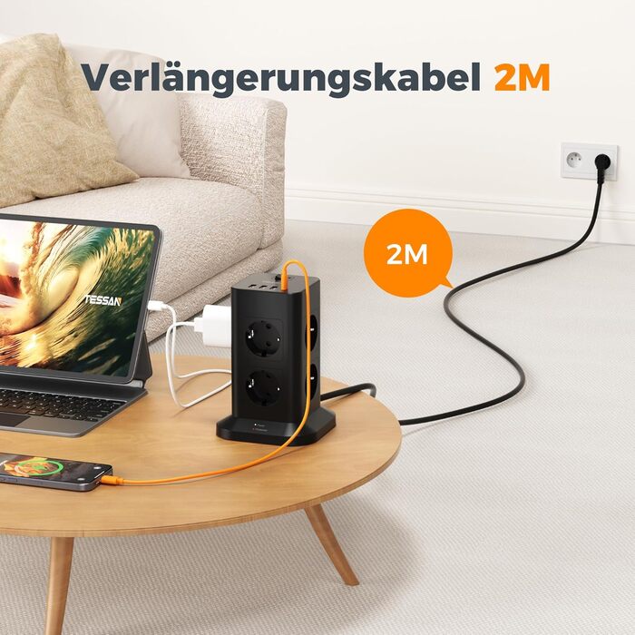 Мережевий фільтр TESSAN 8 розеток з 2 USB-C, захист від перенапруги, 2 метри кабелю, 3600W, сірий/білий